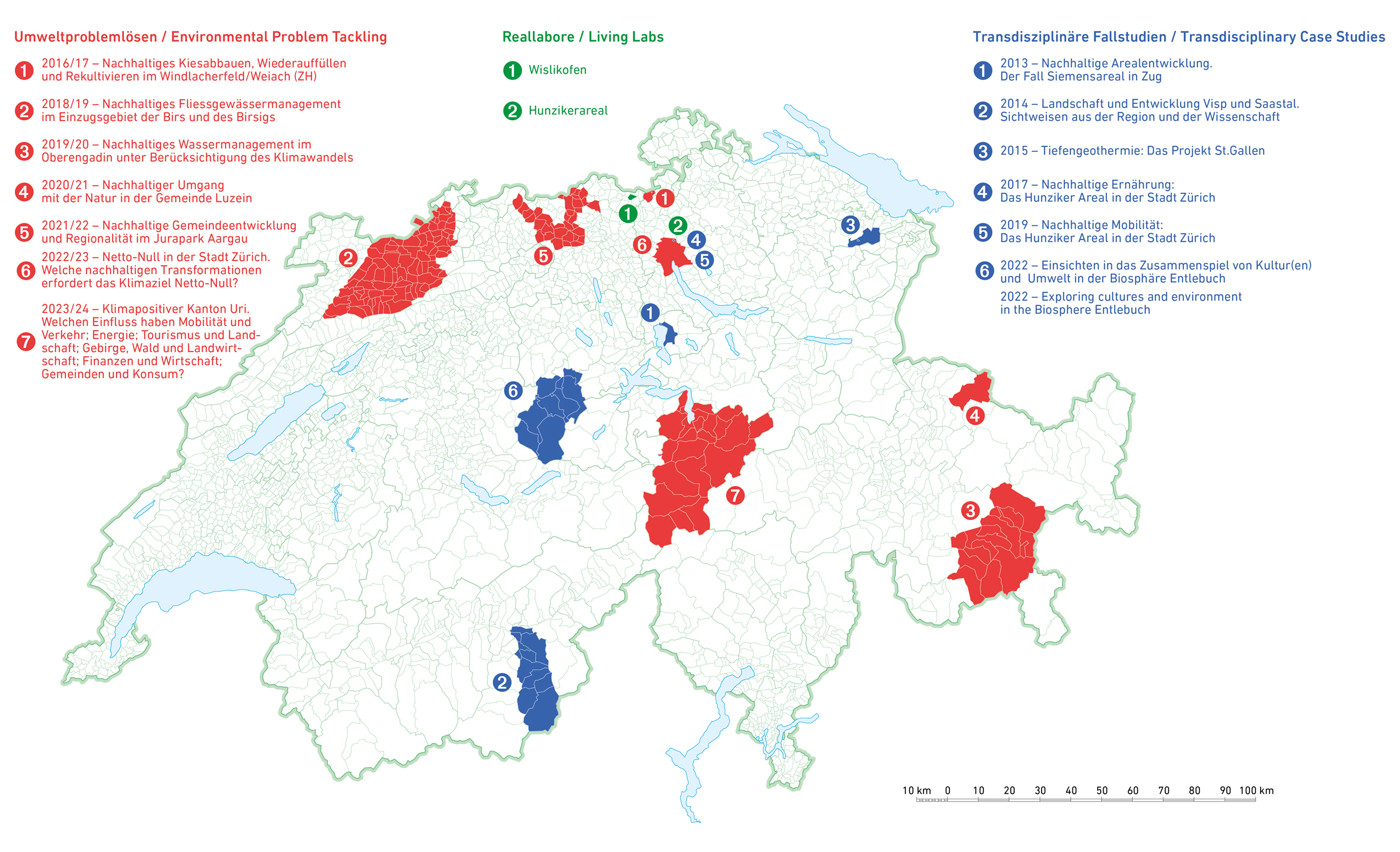 Vergrösserte Ansicht: Schweizerkarte mit in Lehrveranstaltungen untersuchte Regionen