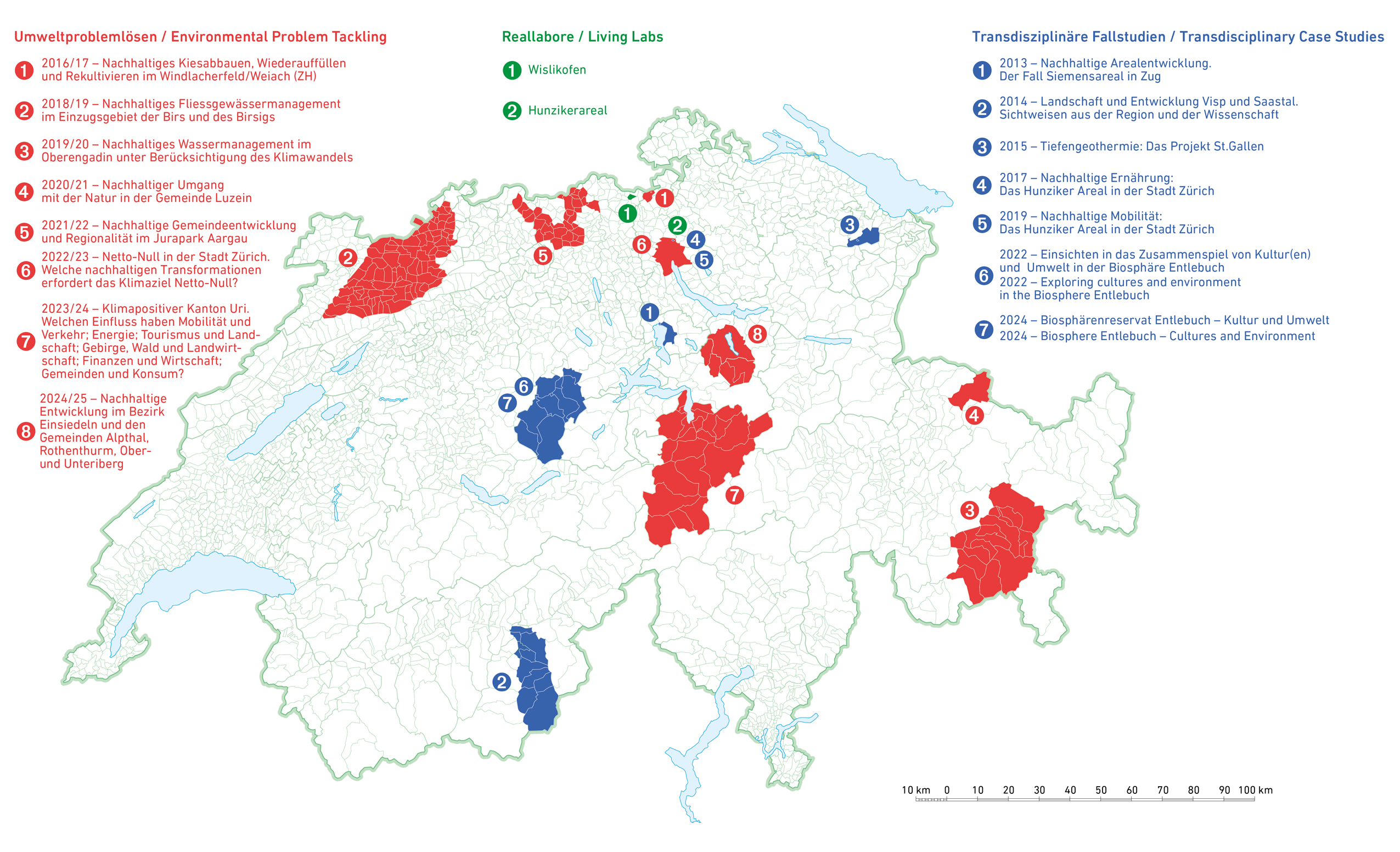 Vergrösserte Ansicht: Schweizerkarte mit Regionen, mit denen wir in Lehrveranstaltungen zusammengearbeitet haben